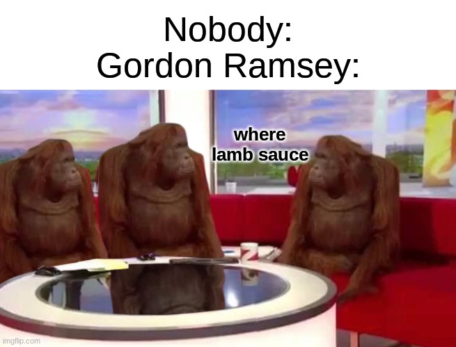 THE LAMB SAUCE | Nobody:
Gordon Ramsey:; where lamb sauce | image tagged in where monkey,memes,funny,chef gordon ramsay,relatable,lamb sauce | made w/ Imgflip meme maker