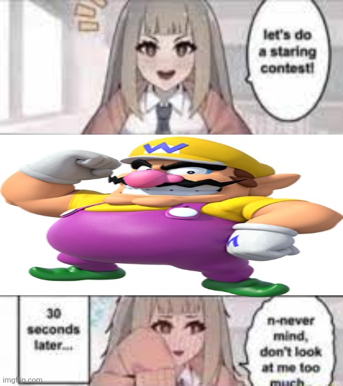 Staring contest 30 seconds | image tagged in staring contest 30 seconds,wario | made w/ Imgflip meme maker