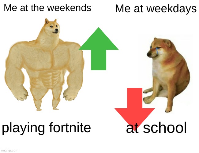 Weekday and weekend comparison | Me at the weekends; Me at weekdays; playing fortnite; at school | image tagged in memes,buff doge vs cheems | made w/ Imgflip meme maker