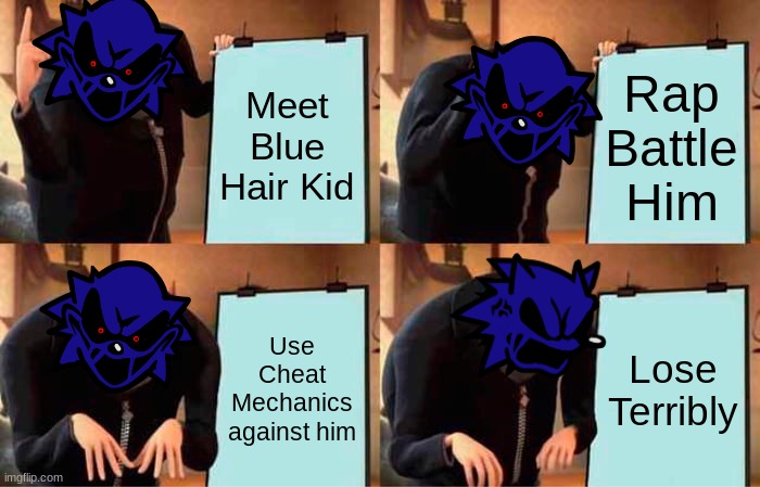 Sonic.EXE Mod Be Like: | Meet Blue Hair Kid; Rap Battle Him; Use Cheat Mechanics against him; Lose Terribly | image tagged in memes,gru's plan | made w/ Imgflip meme maker