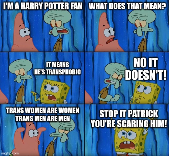 Just because I like harry potter, it doesn't mean I agree with Rowling | I'M A HARRY POTTER FAN; WHAT DOES THAT MEAN? NO IT DOESN'T! IT MEANS HE'S TRANSPHOBIC; TRANS WOMEN ARE WOMEN
TRANS MEN ARE MEN; STOP IT PATRICK YOU'RE SCARING HIM! | image tagged in stop it patrick you're scaring him,transgender,harry potter,jk rowling | made w/ Imgflip meme maker