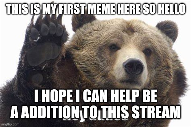 Bear Hey dudes | THIS IS MY FIRST MEME HERE SO HELLO; I HOPE I CAN HELP BE A ADDITION TO THIS STREAM | image tagged in bear hey dudes | made w/ Imgflip meme maker