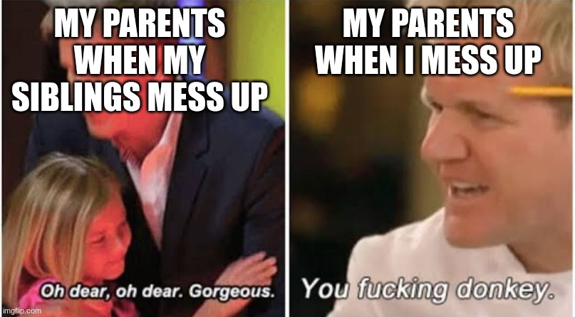 Gordon Ramsay kids vs adults | MY PARENTS WHEN MY SIBLINGS MESS UP; MY PARENTS WHEN I MESS UP | image tagged in gordon ramsay kids vs adults | made w/ Imgflip meme maker