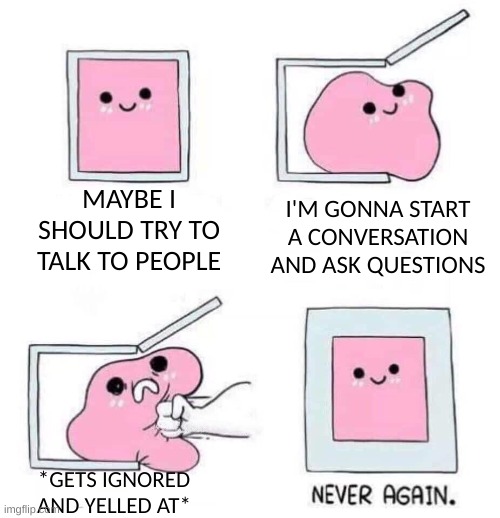And this is why I have social anxiety and don't talk to people :DDDD | MAYBE I SHOULD TRY TO TALK TO PEOPLE; I'M GONNA START A CONVERSATION AND ASK QUESTIONS; *GETS IGNORED AND YELLED AT* | image tagged in never again,social anxiety,meme,pink blob in the box | made w/ Imgflip meme maker
