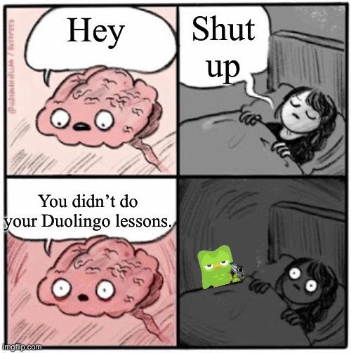 Brain Before Sleep | Shut up; Hey; You didn’t do your Duolingo lessons. | image tagged in brain before sleep | made w/ Imgflip meme maker