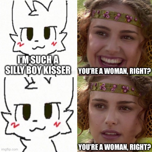 I’M SUCH A SILLY BOY KISSER; YOU’RE A WOMAN, RIGHT? YOU’RE A WOMAN, RIGHT? | made w/ Imgflip meme maker