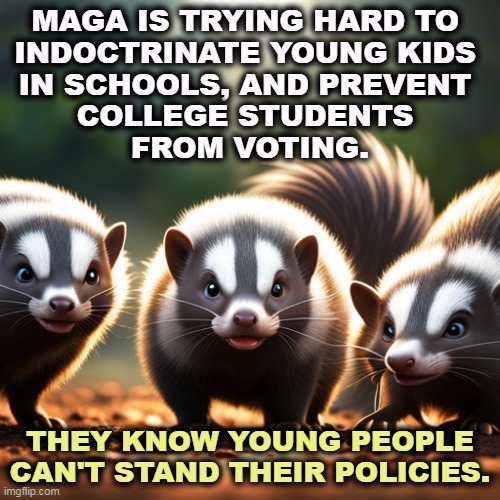 Extreme MAGA wants to brainwash the young. Some call it grooming. | MAGA IS TRYING HARD TO 
INDOCTRINATE YOUNG KIDS 
IN SCHOOLS, AND PREVENT 
COLLEGE STUDENTS 
FROM VOTING. THEY KNOW YOUNG PEOPLE CAN'T STAND THEIR POLICIES. | image tagged in maga,brainwashing,young,stop,youth,vote | made w/ Imgflip meme maker