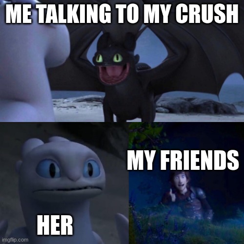Toothless thumbs up | ME TALKING TO MY CRUSH; MY FRIENDS; HER | image tagged in toothless thumbs up | made w/ Imgflip meme maker