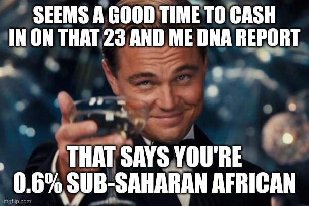 Leonardo Dicaprio Cheers Meme | SEEMS A GOOD TIME TO CASH IN ON THAT 23 AND ME DNA REPORT THAT SAYS YOU'RE 0.6% SUB-SAHARAN AFRICAN | image tagged in memes,leonardo dicaprio cheers | made w/ Imgflip meme maker