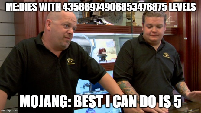 a | ME:DIES WITH 43586974906853476875 LEVELS; MOJANG: BEST I CAN DO IS 5 | image tagged in pawn stars best i can do | made w/ Imgflip meme maker