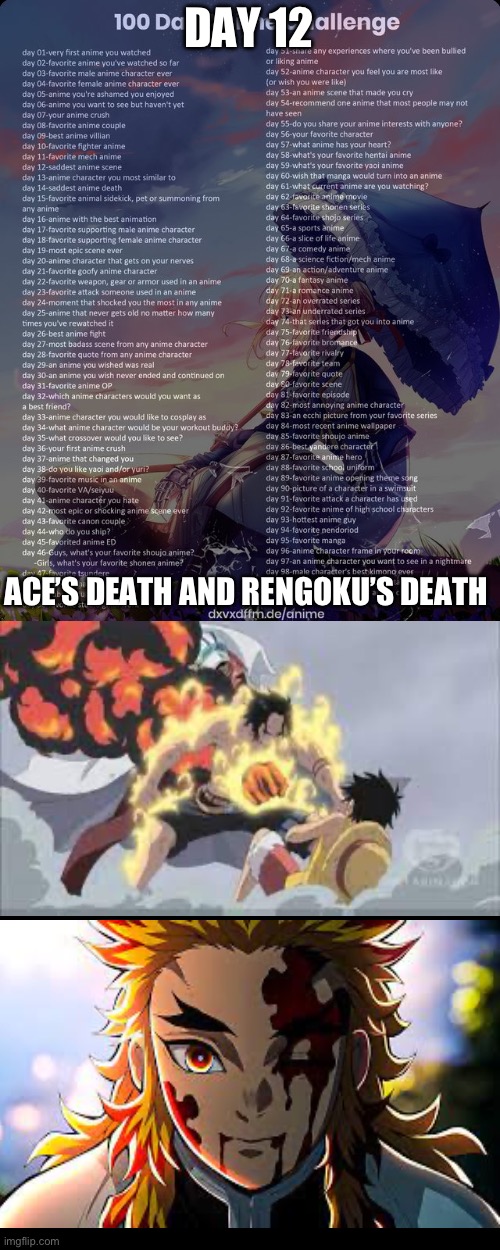 RIP to the real ones | DAY 12; ACE’S DEATH AND RENGOKU’S DEATH | image tagged in 100 day anime challenge | made w/ Imgflip meme maker
