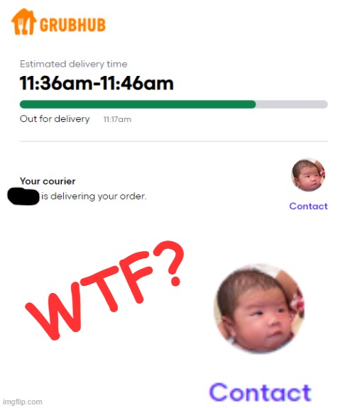 I remember Baby Driver | WTF? | image tagged in memes,grubhub,baby,driver | made w/ Imgflip meme maker