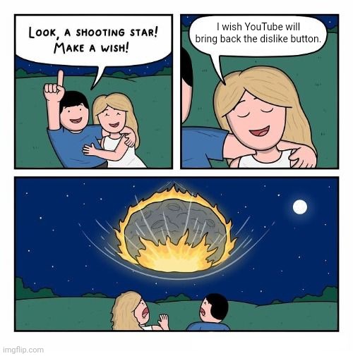 YouTube | I wish YouTube will bring back the dislike button. | image tagged in look a shooting star,youtube,memes,meme,button,buttons | made w/ Imgflip meme maker