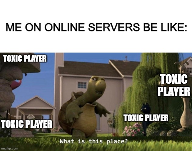 Toxic players... EVERYWHERE ;-; | ME ON ONLINE SERVERS BE LIKE:; TOXIC PLAYER; TOXIC PLAYER; TOXIC PLAYER; TOXIC PLAYER | image tagged in blank white template,what is this place | made w/ Imgflip meme maker