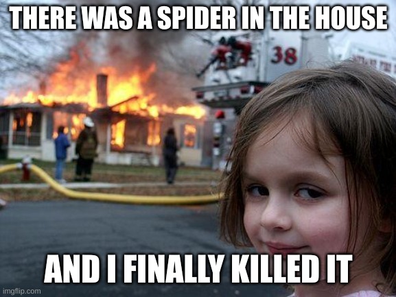 Disaster Girl | THERE WAS A SPIDER IN THE HOUSE; AND I FINALLY KILLED IT | image tagged in memes,disaster girl | made w/ Imgflip meme maker