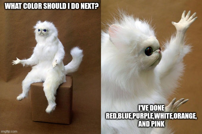 Persian Cat Room Guardian | WHAT COLOR SHOULD I DO NEXT? I'VE DONE RED,BLUE,PURPLE,WHITE,ORANGE, AND PINK | image tagged in memes,persian cat room guardian | made w/ Imgflip meme maker