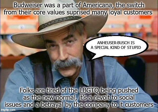 Bud light stupid | Budweiser was a part of Americana, the switch from their core values suprised many loyal customers; ANHEUSER-BUSCH IS A SPECIAL KIND OF STUPID; Folks are tired of the LBGTQ being pushed as the new normal, it's a revolt to social issues and a betrayal by the company to it customers | image tagged in sam elliott special kind of stupid | made w/ Imgflip meme maker