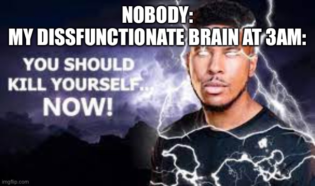You Should Kill Yourself NOW! | NOBODY:
MY DISSFUNCTIONATE BRAIN AT 3AM: | image tagged in you should kill yourself now | made w/ Imgflip meme maker