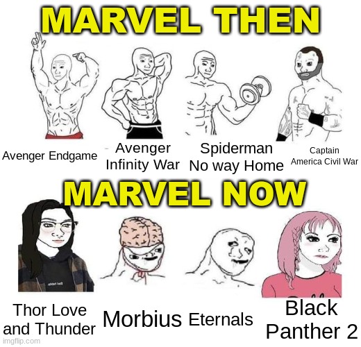 Marvel | MARVEL THEN; Spiderman No way Home; Captain America Civil War; Avenger Endgame; Avenger Infinity War; MARVEL NOW; Eternals; Black Panther 2; Thor Love and Thunder; Morbius | image tagged in jobs then jobs now,marvel,movies,memes,funny,relatable | made w/ Imgflip meme maker