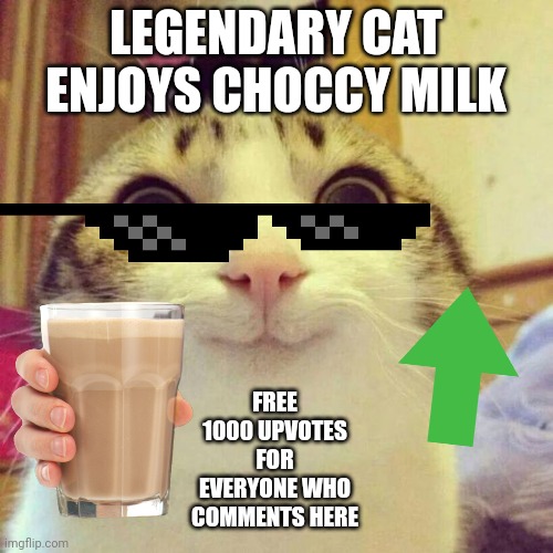 Smiling Cat Meme | LEGENDARY CAT ENJOYS CHOCCY MILK FREE 1000 UPVOTES FOR EVERYONE WHO COMMENTS HERE | image tagged in memes,smiling cat | made w/ Imgflip meme maker