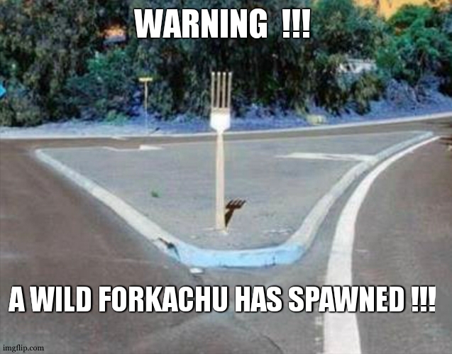 forkachu isn't happy | WARNING  !!! A WILD FORKACHU HAS SPAWNED !!! | image tagged in fork in the road,fork,pokemon,fight me,funny,pokemon memes | made w/ Imgflip meme maker