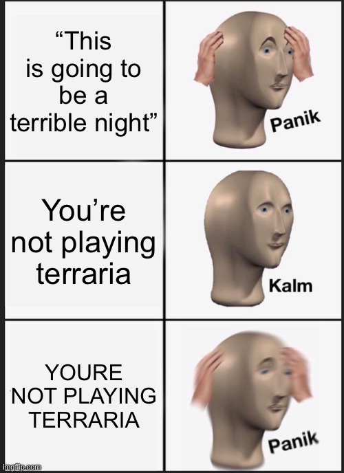 Panicking | “This is going to be a terrible night”; You’re not playing terraria; YOURE NOT PLAYING TERRARIA | image tagged in memes,panik kalm panik,terraria | made w/ Imgflip meme maker