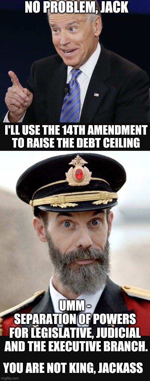 Abuse of Power | NO PROBLEM, JACK; I'LL USE THE 14TH AMENDMENT TO RAISE THE DEBT CEILING; UMM -
SEPARATION OF POWERS FOR LEGISLATIVE, JUDICIAL
 AND THE EXECUTIVE BRANCH. YOU ARE NOT KING, JACKASS | image tagged in democrats,congress,economy,joe,liberals,leftists | made w/ Imgflip meme maker