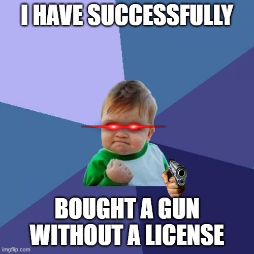 american gun system be like... | I HAVE SUCCESSFULLY; BOUGHT A GUN WITHOUT A LICENSE | image tagged in memes,success kid,guns,license | made w/ Imgflip meme maker