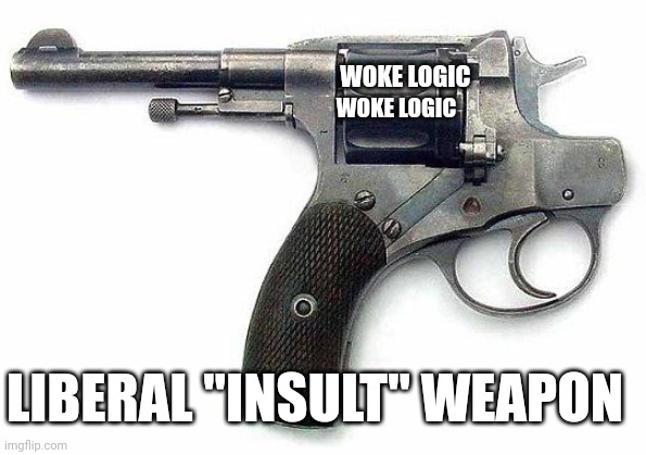 Smith and"woke-son" | WOKE LOGIC; WOKE LOGIC; LIBERAL "INSULT" WEAPON | image tagged in pistol liberal | made w/ Imgflip meme maker