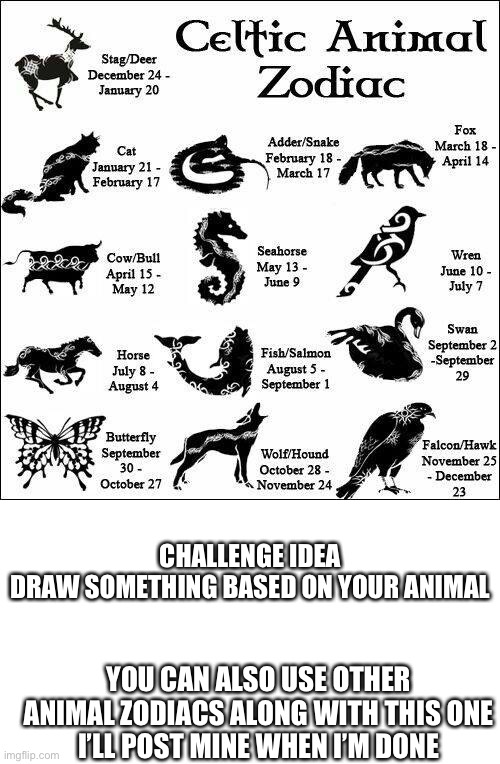 Drawing challenge | CHALLENGE IDEA
DRAW SOMETHING BASED ON YOUR ANIMAL; YOU CAN ALSO USE OTHER ANIMAL ZODIACS ALONG WITH THIS ONE
I’LL POST MINE WHEN I’M DONE | image tagged in challenge | made w/ Imgflip meme maker