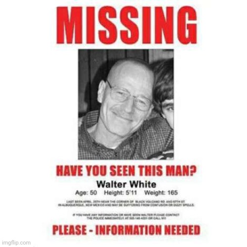 have you seen him? | image tagged in missing,breaking bad,better call saul,walter white,bullshit | made w/ Imgflip meme maker
