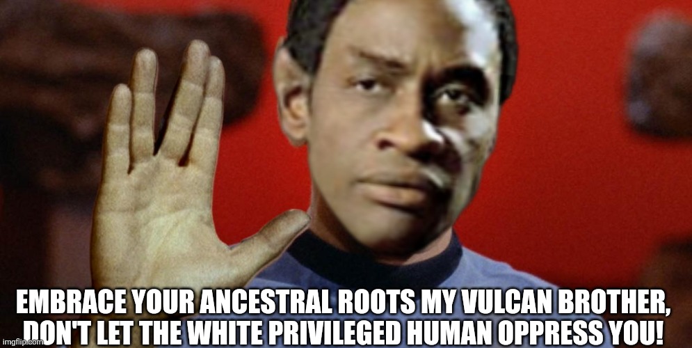 EMBRACE YOUR ANCESTRAL ROOTS MY VULCAN BROTHER, DON'T LET THE WHITE PRIVILEGED HUMAN OPPRESS YOU! | made w/ Imgflip meme maker