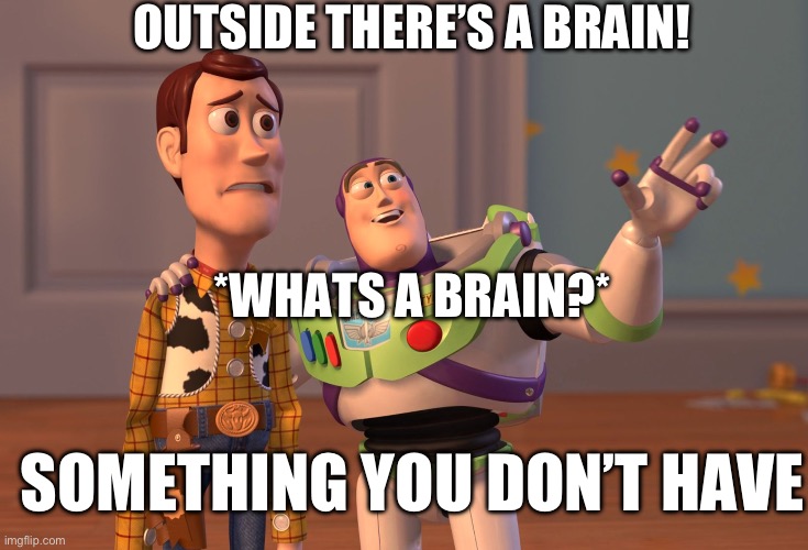 X, X Everywhere Meme | OUTSIDE THERE’S A BRAIN! *WHATS A BRAIN?*; SOMETHING YOU DON’T HAVE | image tagged in memes,x x everywhere | made w/ Imgflip meme maker