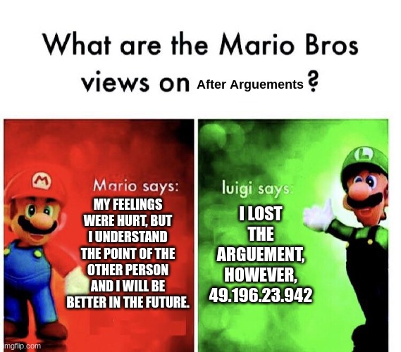 Uh oh luigi. | After Arguements; MY FEELINGS WERE HURT, BUT I UNDERSTAND THE POINT OF THE OTHER PERSON AND I WILL BE BETTER IN THE FUTURE. I LOST THE ARGUEMENT, HOWEVER,
49.196.23.942 | image tagged in what are the mario bros views on,ip address,memes | made w/ Imgflip meme maker