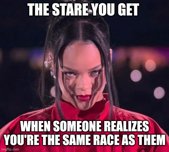 Rihanna staring | THE STARE YOU GET; WHEN SOMEONE REALIZES YOU'RE THE SAME RACE AS THEM | image tagged in rihanna staring | made w/ Imgflip meme maker