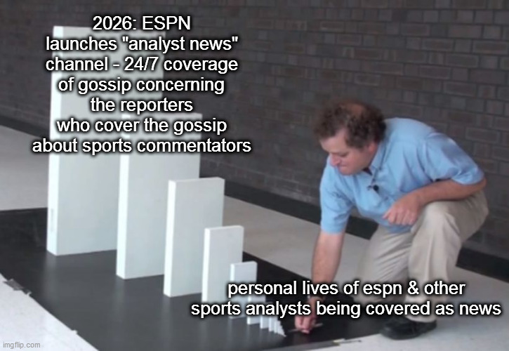 Domino Effect | 2026: ESPN launches "analyst news" channel - 24/7 coverage of gossip concerning the reporters who cover the gossip about sports commentators; personal lives of espn & other sports analysts being covered as news | image tagged in domino effect | made w/ Imgflip meme maker