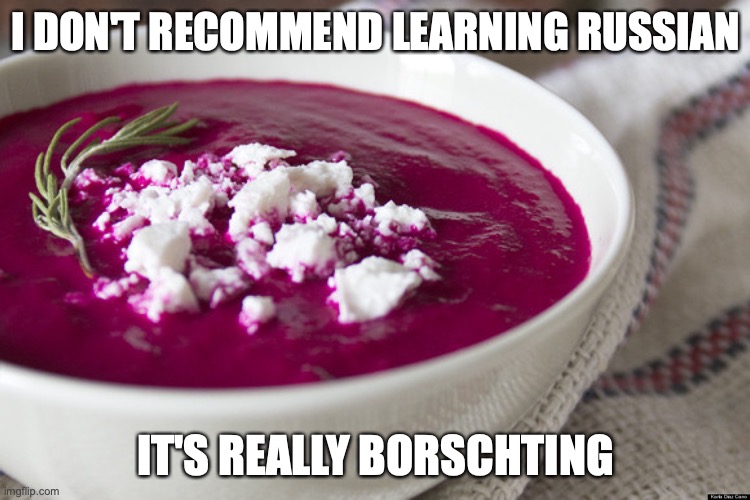 Inspired by my Latin 2 class | I DON'T RECOMMEND LEARNING RUSSIAN; IT'S REALLY BORSCHTING | image tagged in borscht,russian,bad puns | made w/ Imgflip meme maker