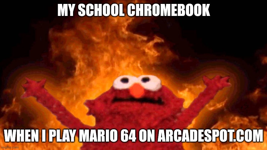 MICHEAL DONT LEAVE ME HERE | MY SCHOOL CHROMEBOOK; WHEN I PLAY MARIO 64 ON ARCADESPOT.COM | image tagged in elmo fire,school,chromebook | made w/ Imgflip meme maker