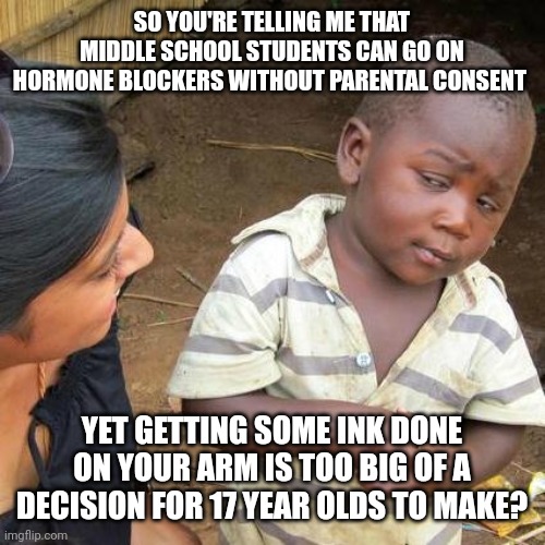 Double You Tee Eff! | SO YOU'RE TELLING ME THAT MIDDLE SCHOOL STUDENTS CAN GO ON HORMONE BLOCKERS WITHOUT PARENTAL CONSENT; YET GETTING SOME INK DONE ON YOUR ARM IS TOO BIG OF A DECISION FOR 17 YEAR OLDS TO MAKE? | image tagged in memes,third world skeptical kid | made w/ Imgflip meme maker