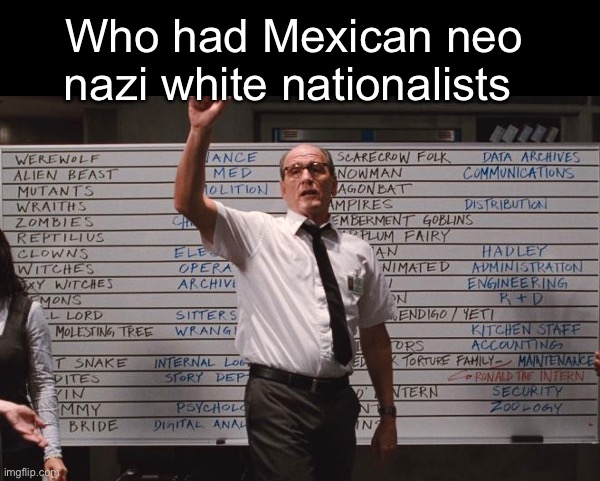 Inclusion and diversity | Who had Mexican neo nazi white nationalists | image tagged in cabin the the woods,politics lol,memes | made w/ Imgflip meme maker