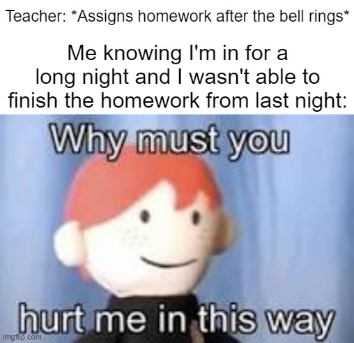 has this happened to anyone else? | Teacher: *Assigns homework after the bell rings*; Me knowing I'm in for a long night and I wasn't able to finish the homework from last night: | image tagged in why must you hurt me in this way,memes,funny,who reads these,oh wow are you actually reading these tags | made w/ Imgflip meme maker
