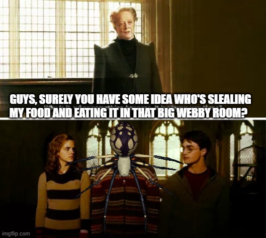 Always you three | GUYS, SURELY YOU HAVE SOME IDEA WHO'S SLEALING MY FOOD AND EATING IT IN THAT BIG WEBBY ROOM? | image tagged in always you three | made w/ Imgflip meme maker
