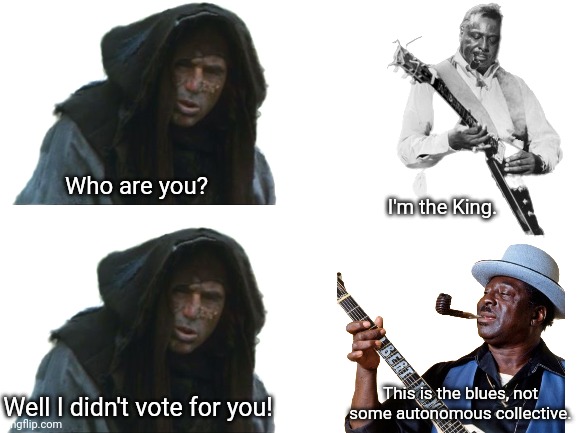 Blank White Template | Who are you? I'm the King. This is the blues, not some autonomous collective. Well I didn't vote for you! | image tagged in blank white template | made w/ Imgflip meme maker