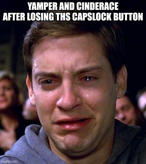 LOL | YAMPER AND CINDERACE AFTER LOSING THS CAPSLOCK BUTTON | image tagged in crying peter parker | made w/ Imgflip meme maker