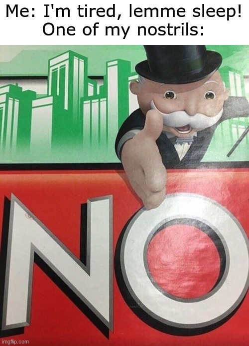 Monopoly No | Me: I'm tired, lemme sleep!

One of my nostrils: | image tagged in monopoly no | made w/ Imgflip meme maker