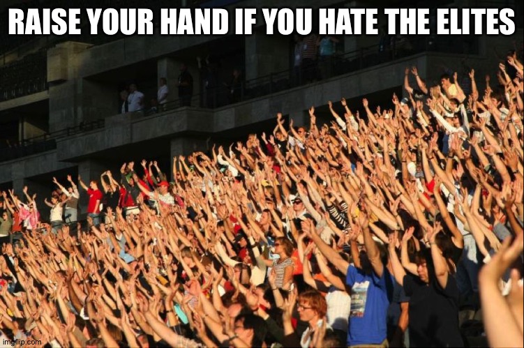 Raise your hands crowd | RAISE YOUR HAND IF YOU HATE THE ELITES | image tagged in raise your hands crowd | made w/ Imgflip meme maker