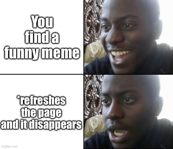 NOOOOO | You find a funny meme; *refreshes the page and it disappears | image tagged in happy / shock | made w/ Imgflip meme maker