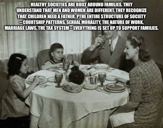 1950 Family Meal | HEALTHY SOCIETIES ARE BUILT AROUND FAMILIES. THEY UNDERSTAND THAT MEN AND WOMEN ARE DIFFERENT. THEY RECOGNIZE THAT CHILDREN NEED A FATHER. PTHE ENTIRE STRUCTURE OF SOCIETY – COURTSHIP PATTERNS, SEXUAL MORALITY, THE NATURE OF WORK, MARRIAGE LAWS, THE TAX SYSTEM – EVERYTHING IS SET UP TO SUPPORT FAMILIES. | image tagged in 1950 family meal | made w/ Imgflip meme maker