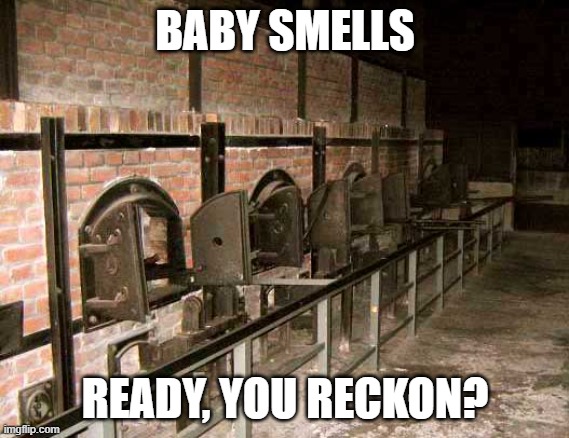 holocaust ovens | BABY SMELLS READY, YOU RECKON? | image tagged in holocaust ovens | made w/ Imgflip meme maker