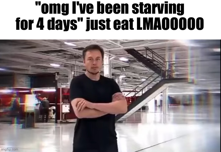This is Elon Musk | "omg I've been starving for 4 days" just eat LMAOOOOO | image tagged in this is elon musk | made w/ Imgflip meme maker